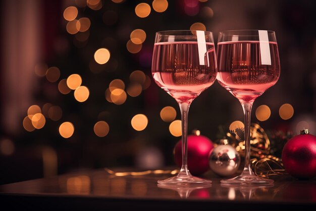 two glasses of pink rose wine on christmas background blur tree