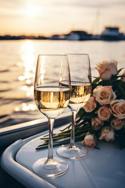 two glasses of pink wine and a bouquet of roses on a wooden surface blue ocean in the background