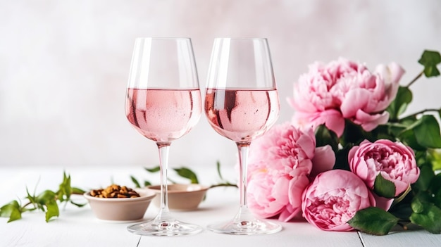 Два стакана розового вина, небольшой букет пионов, ваза с белым фоном.