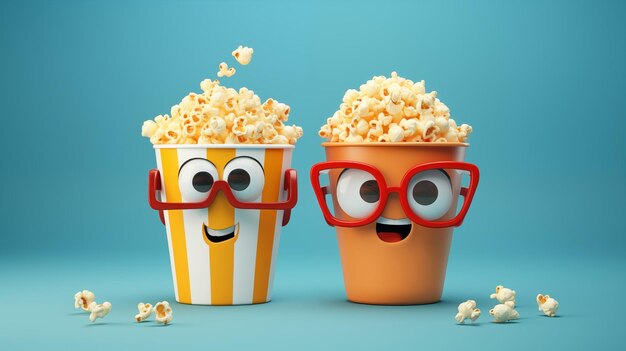 Two glasses of popcorn stand next to each other popcorn character movie concept