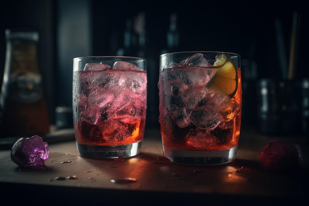 Two glasses of red cocktails with ice and a lemon wedge on the side.