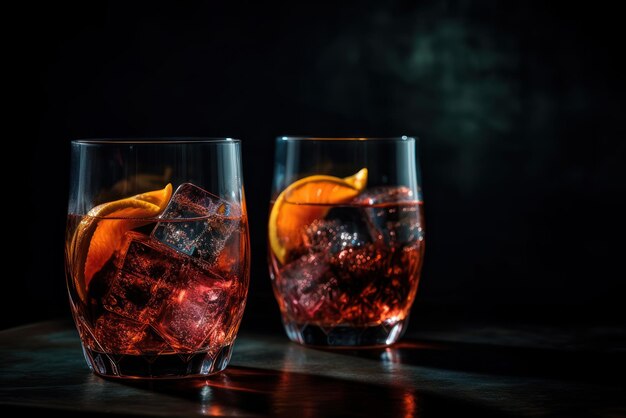 Two glasses of red and orange cocktails on a bar with the dark background.