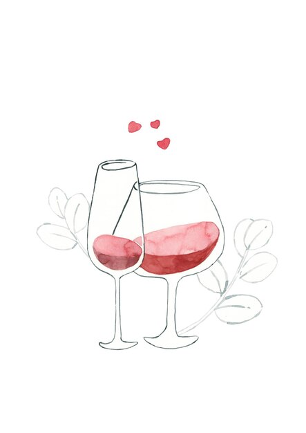 Due bicchieri di vino rosso decori da foglie e cuori - illustrazione ad acquerello