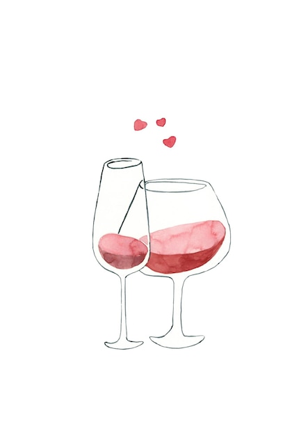 Two glasses of red wine decorated with hearts - romantic date concept