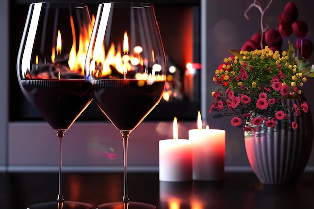 Two glasses of red wine near the fireplace with many candles. Cozy romantic evening for couple