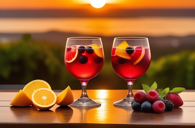 Two glasses of red wine with fruit on a table