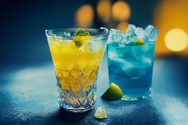 Two glasses of refreshing yellow and blue cocktails with ice cubes and lemon slices on blue background Illustration of yellow and blue cocktails