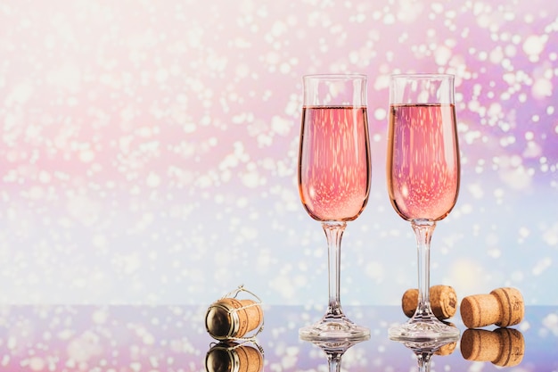 Two glasses of rose champagne and Christmas or New Year decoration and corks with light snow bokeh on background. Romantic dinner. Winter holiday concept.
