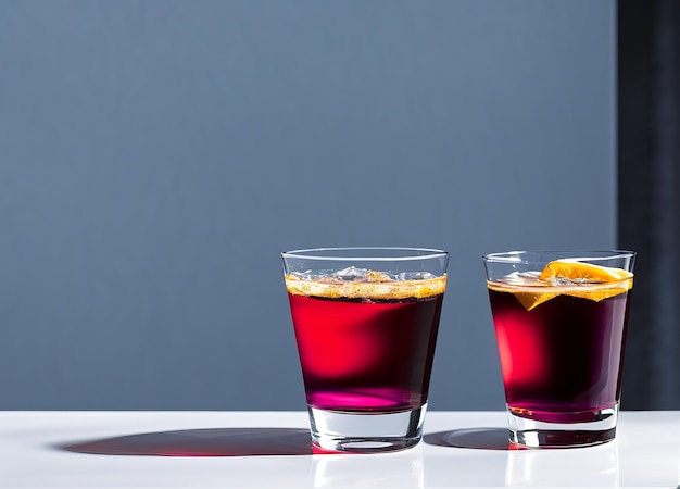 Two glasses of sangria sit on a table with a blue background.