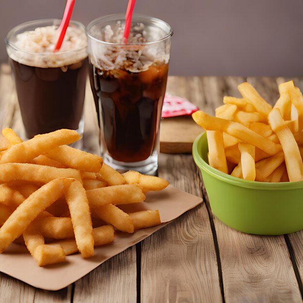 two glasses of soda and two cups of soda on a wooden table