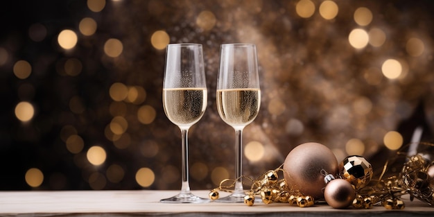 Два бокала игристого вина на праздничном новогоднем фоне