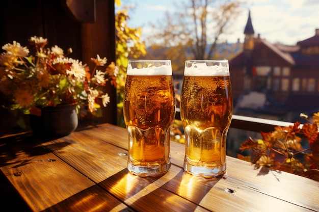 two glasses of steamed fresh beer on a wooden table against