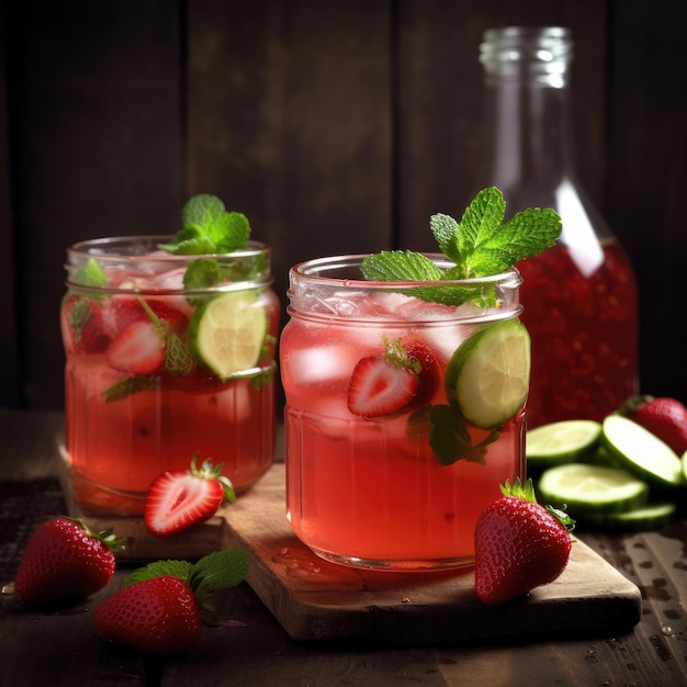 Two glasses of strawberry cocktail with a bottle of red wine on the side.