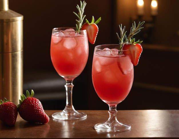 two glasses of strawberry juice sit on a table next to a strawberry