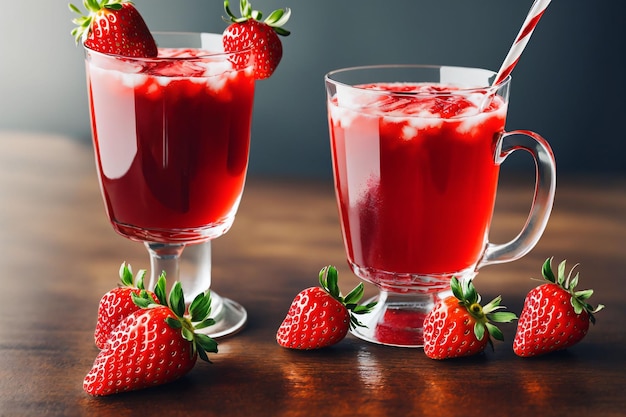 Two glasses of strawberry juice with strawberries on the side