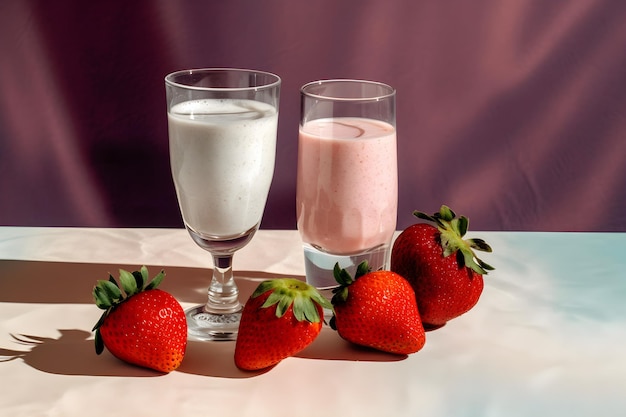 Two glasses of strawberry milk and a glass of milk sit on a table