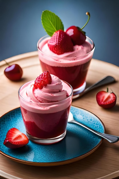 Two glasses of strawberry mousse on a blue plate with a spoon next to it.