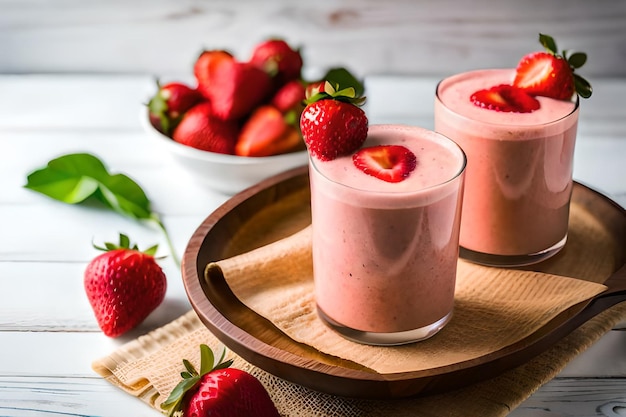 Two glasses of strawberry smoothies with a bowl of strawberries in the background