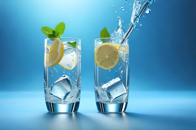 Two glasses of water with ice and lemons and a blue background