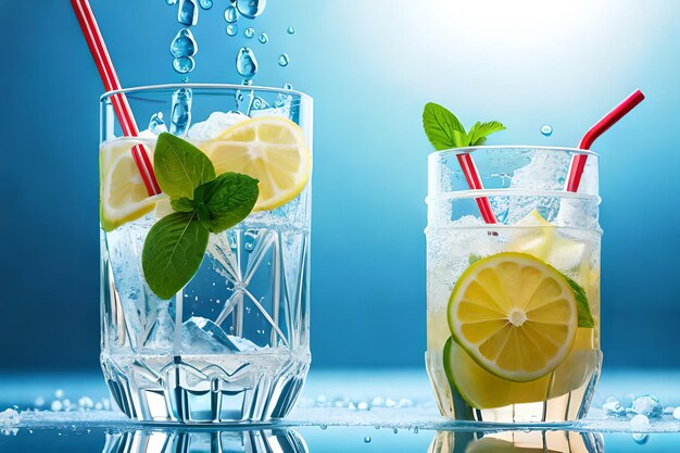 Two glasses of water with a straw and lemon slices.