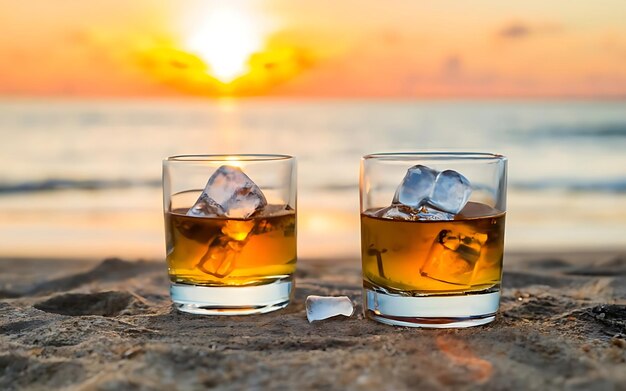 Foto due bicchieri di whisky con ghiaccio sulla spiaggia al tramonto a bassa profondità di campo