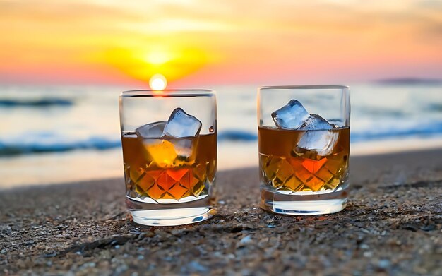 Two glasses of whiskey with ice on the beach at sunset shallow depth of field