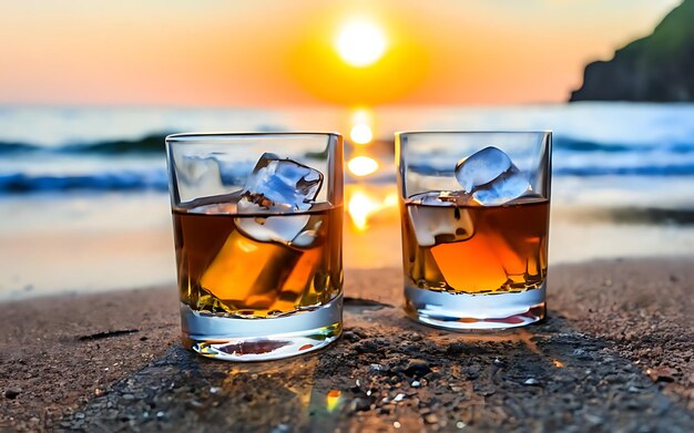 Two glasses of whiskey with ice on the beach at sunset shallow depth of field