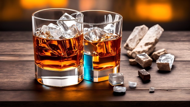 Two glasses of whiskey with ice and chocolate on a table next to a fireplace.