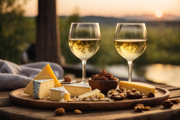 Two glasses of white wine cheese and nuts on a wooden board against the backdrop of the setting sun