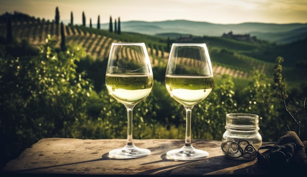 Two glasses of white wine on the stony surface Beautiful sunny vineyard hills at backdrop in blur Generative AI