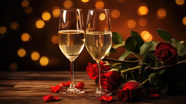 Two glasses of white wine on a table with a romantic ambiance suggesting a celebration of a valentines day