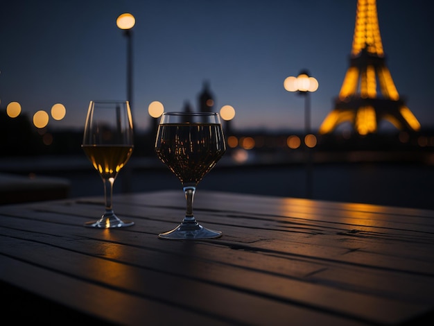프랑스 파리의 에펠탑 근처 테라스에서 화이트 와인 두 잔