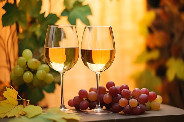 Two glasses of wine amidst colorful grapes