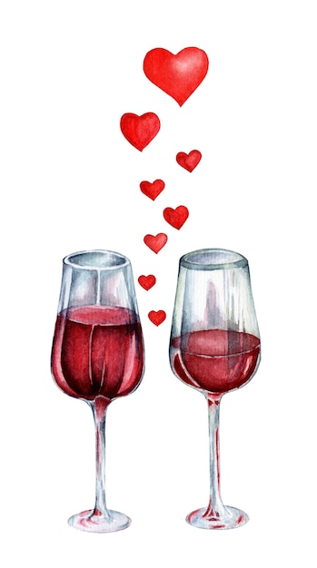 Two glasses of wine and hearts between them