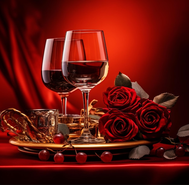 two glasses of wine and a red rose on a plate romanticism red mood in background
