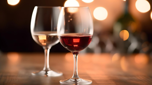 Two glasses of wine sit on a bar with a bottle of wine in the background.