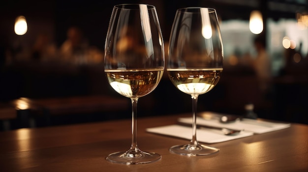 木製のテーブルの上に座っているグラス 2 杯のワイン生成 AI