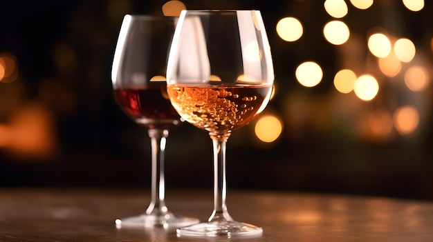 Two glasses of wine on a table with a bokeh background