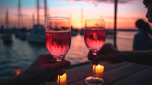 Two glasses of wine toasting with the sunset in the background