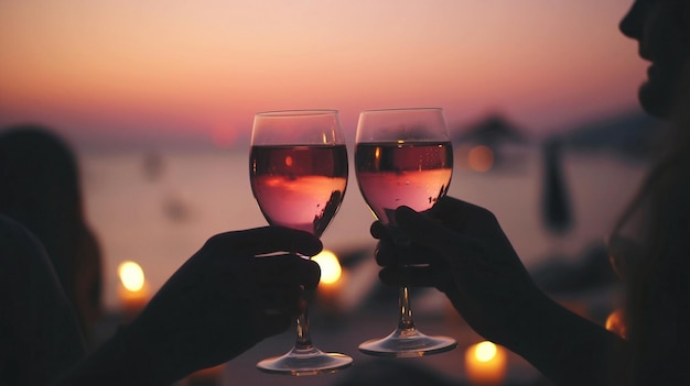 Two glasses of wine toasting with a sunset in the background