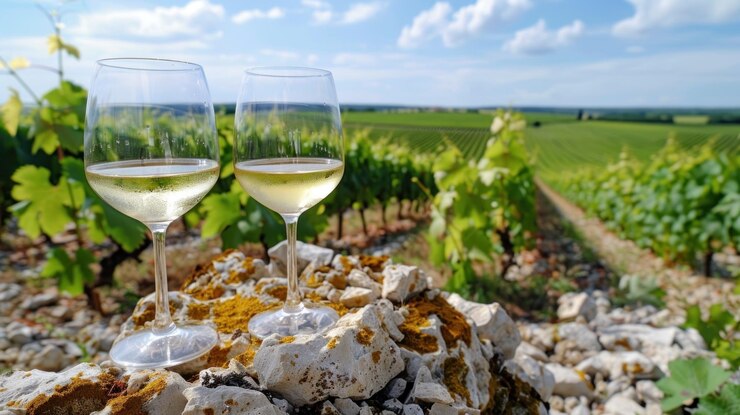 Two Glasses of Wine on a Vineyard Hill