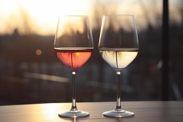 Photo two glasses of wine white and red standing on a table with candle in the sun light