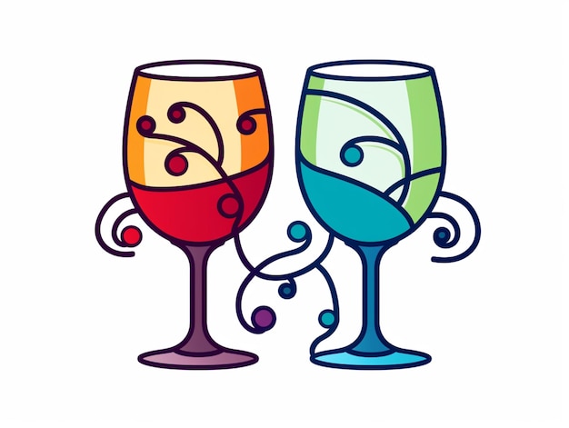 Photo two glasses of wine with different colors and designs on them generative ai