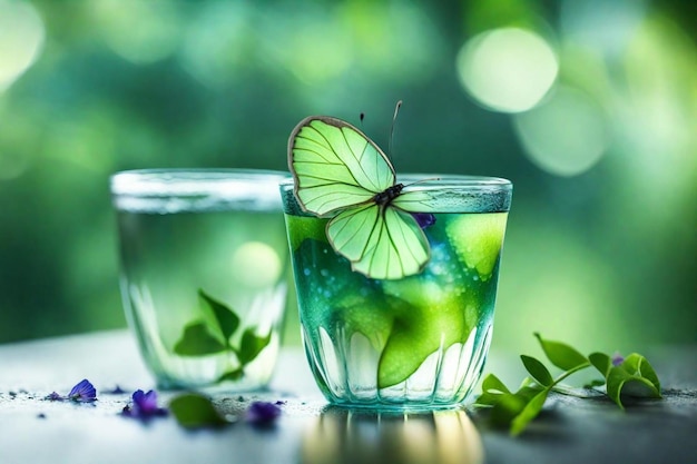 two glasses with a butterfly on the side and a butterfly on the side of the glass