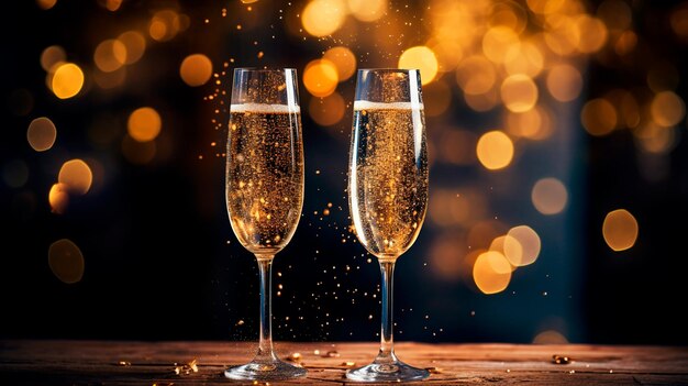 two glasses with champagne and new year's lights new year concept Generative AI