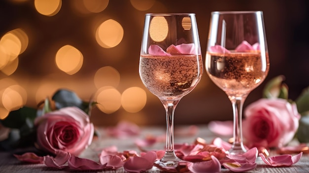 two glasses with the color of rose petals and white wine on top