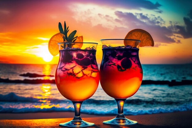Two glasses with delicious refreshing beach cocktail against backdrop of sunset sea