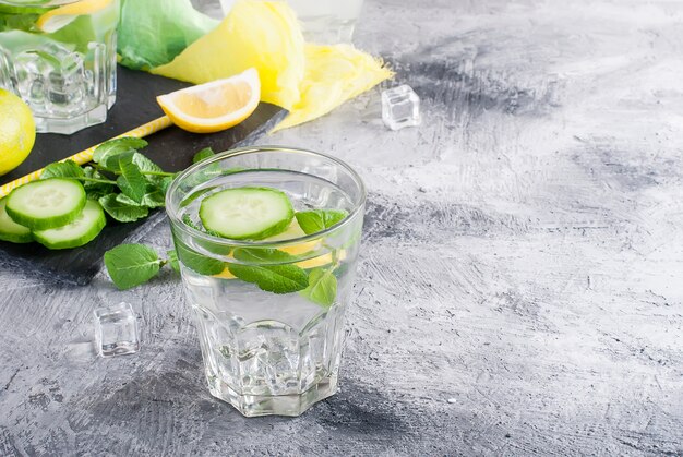 Two Glasses with detox fresh organic cucumber, lemon and mint water 