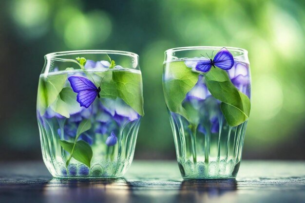 two glasses with flowers and a purple butterfly on the side