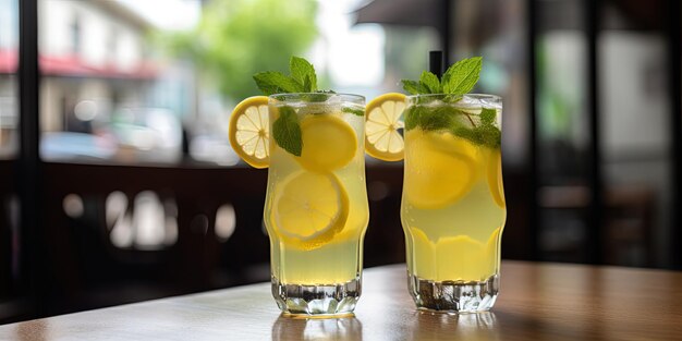 Two glasses with fresh cold lemonade with lemons